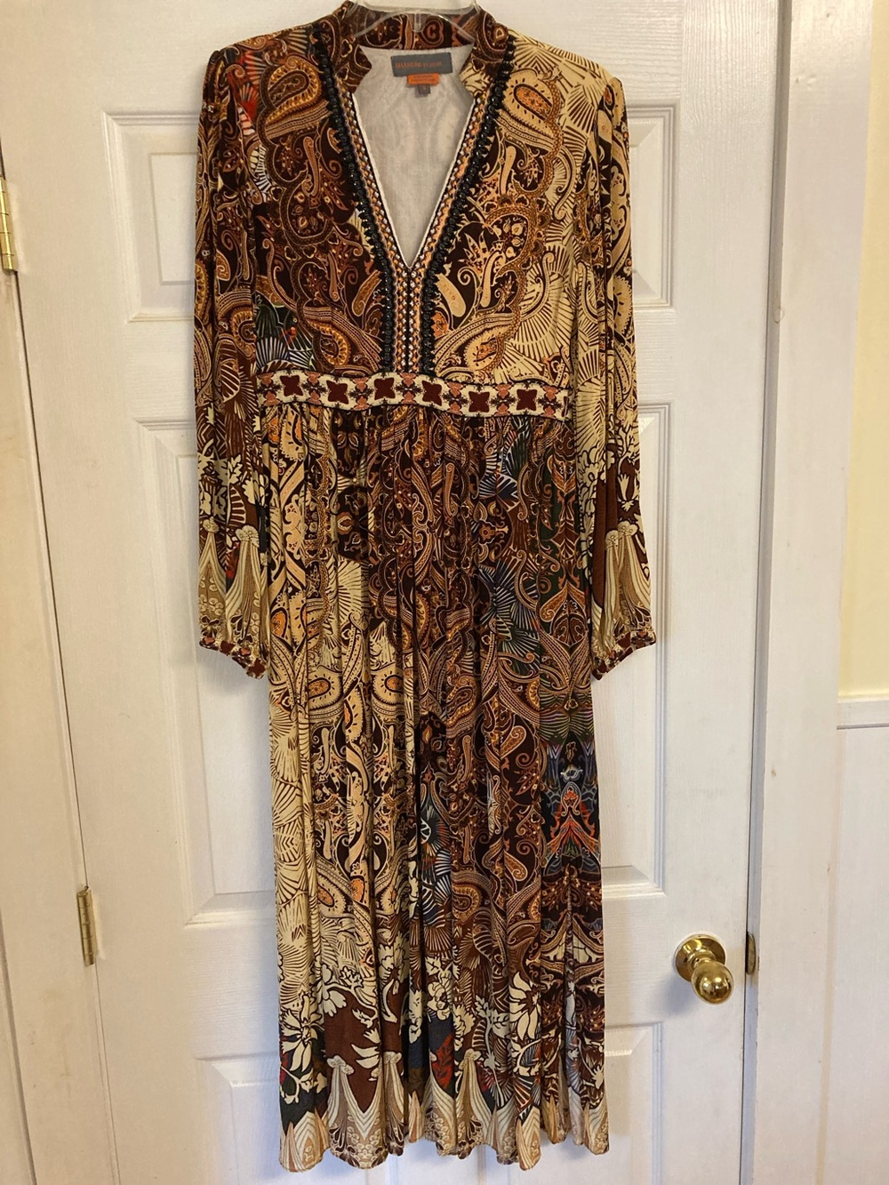 Bohemian V-Neck Maxi Dress in Brown and Cream